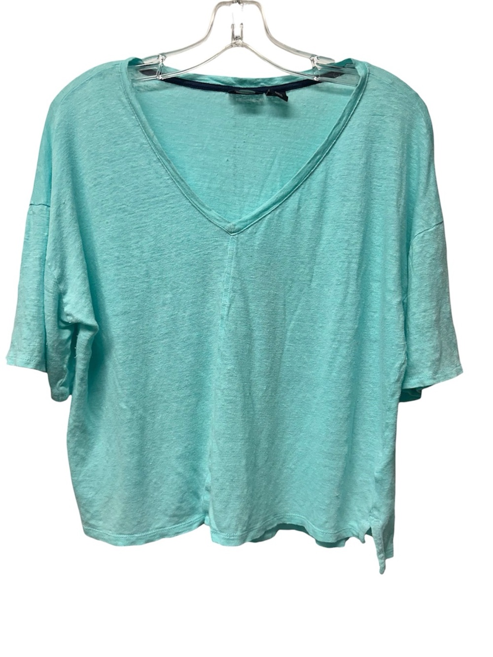 Tahari Bright Blue  Cropped Linen V-Neck Short Sleeve Top L